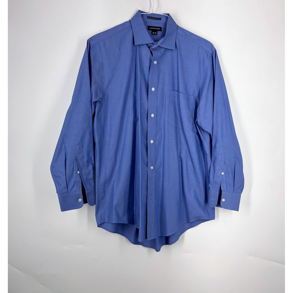 Lands' End Mens Blue No Iron Pinpoint Oxford Dress Shirt 16-32 Long Sleeve‎